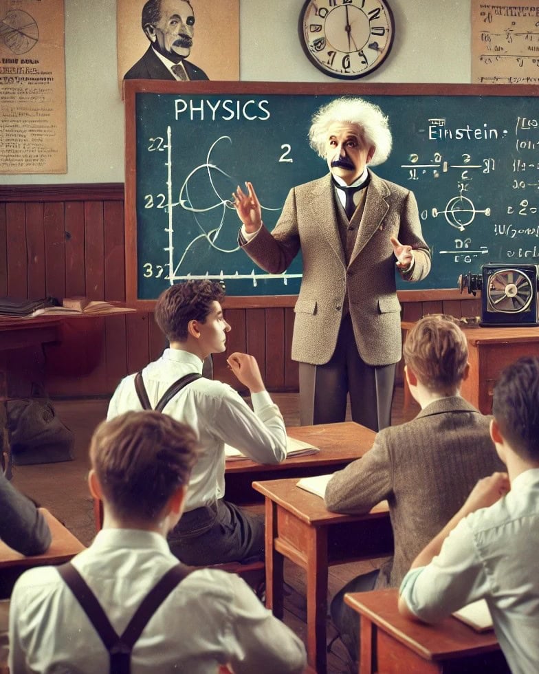 Albert Einstein teaching a group of university students in a physics classroom with equations on the chalkboard.