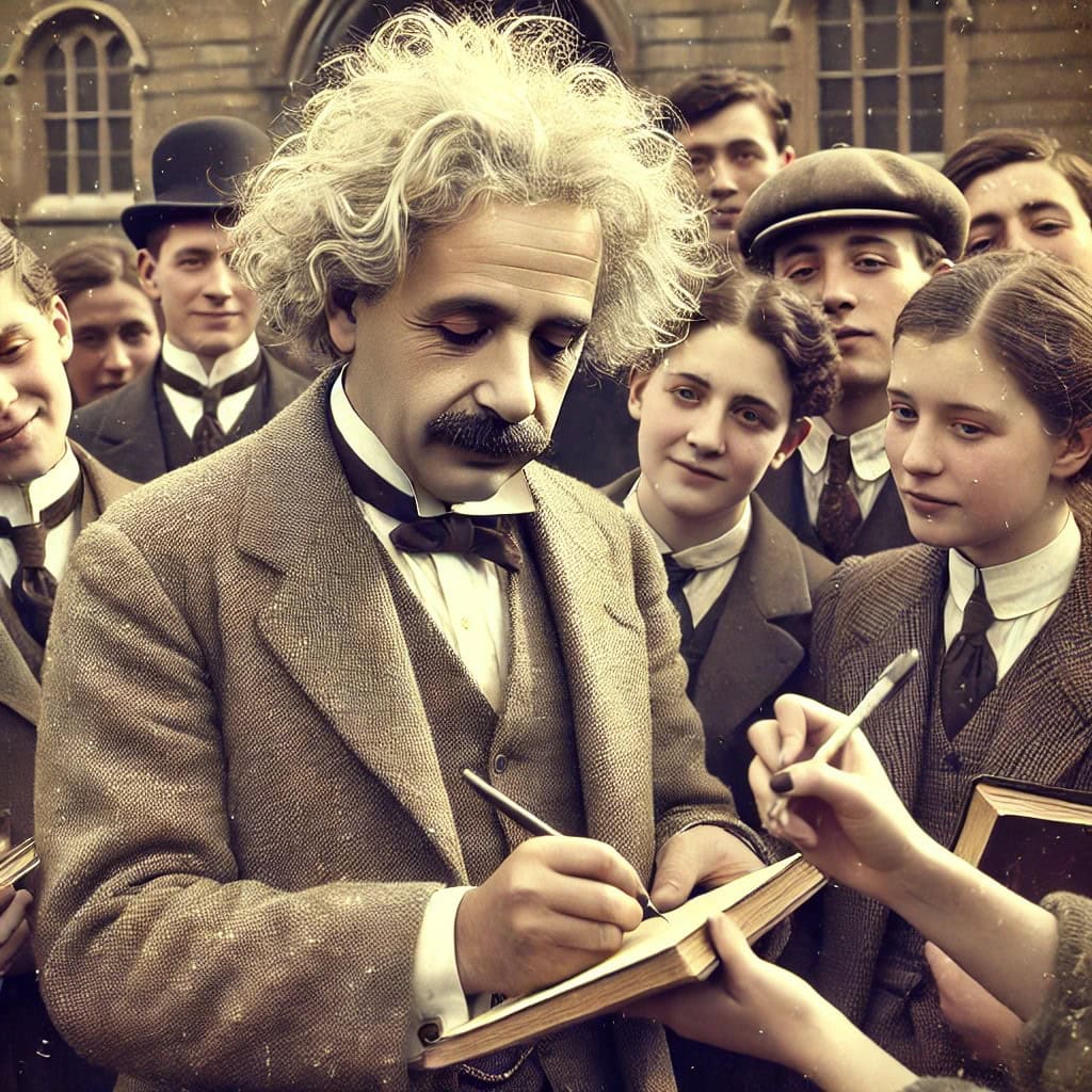 Albert Einstein giving autographs to his fans