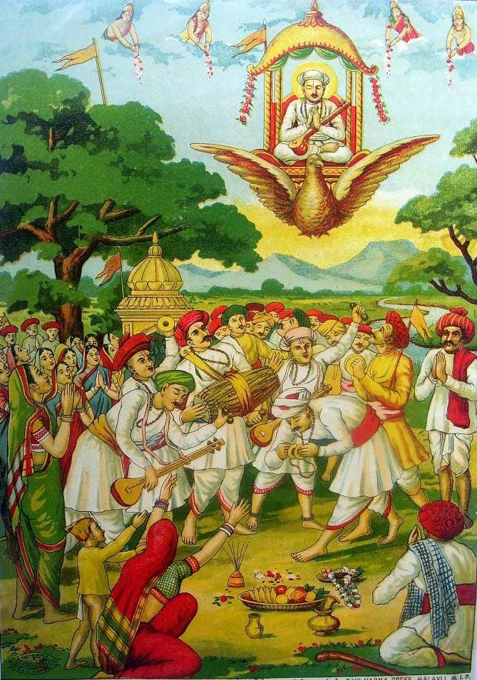 Sant Tukaram while going to heaven sitting on Pushpak Viman