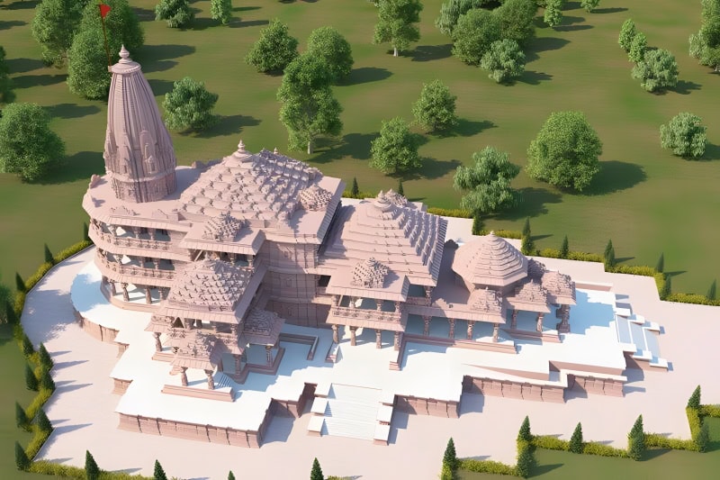 An aerial view of Ram Mandir capturing its full layout and surrounding greenery.