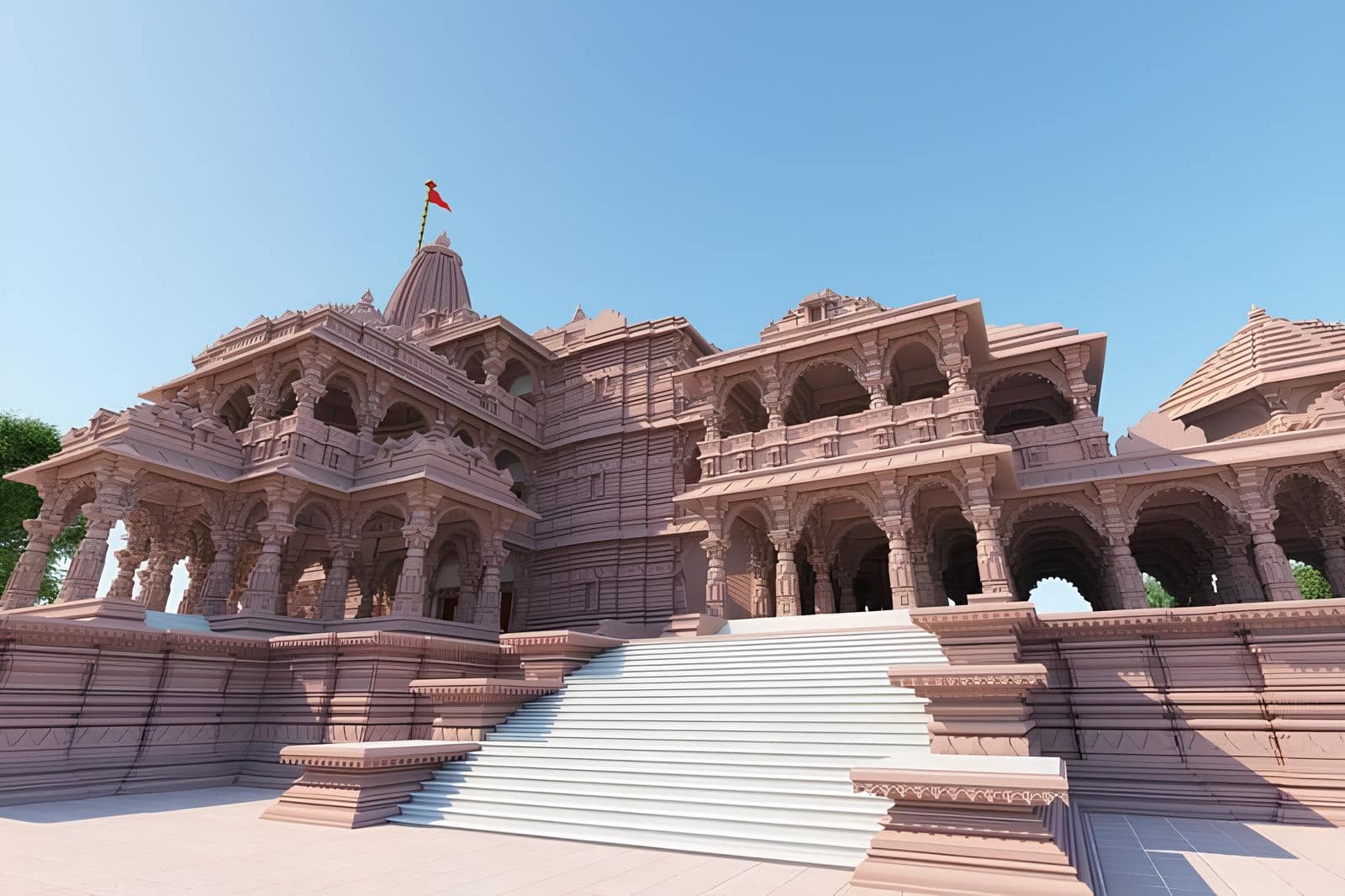 A close-up view of Ram Mandir's entrance steps and intricate stone carvings.