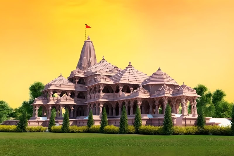 A magnificent front view of the Ram Mandir, highlighting its intricate carvings and grand architecture.