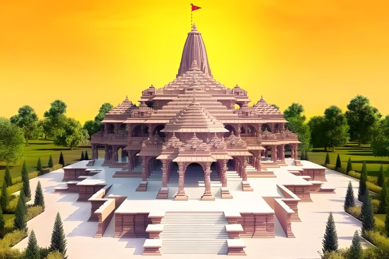 A full view of Ram Mandir including the steps leading to the grand temple entrance.