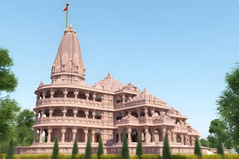 A side view of Ram Mandir showcasing its symmetrical architecture and lush green surroundings.