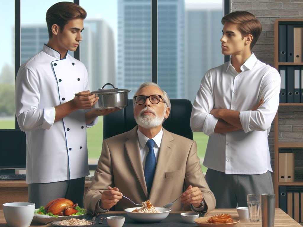 Boss sit for Lunch and brothers Manab and Atul stood on Both Sides