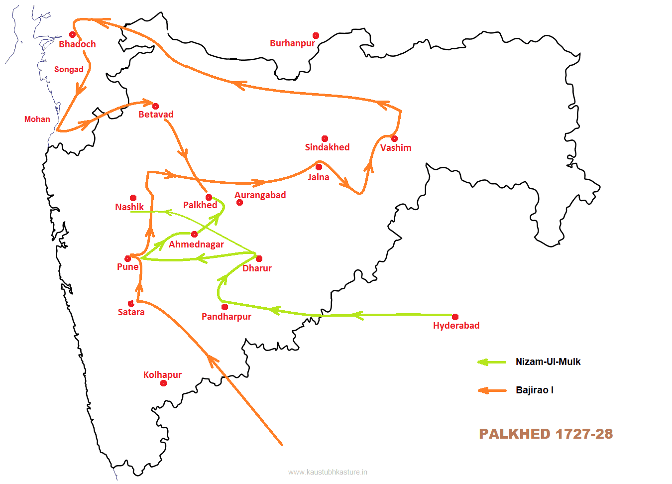 पालखेड अभियान में पेशवा बाजीराव और उनके दुश्मन निजाम-उल-मुल्क के अभियान