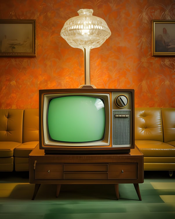 A retro-style CRT television with a classic green screen, showcasing mid-20th-century technology.
