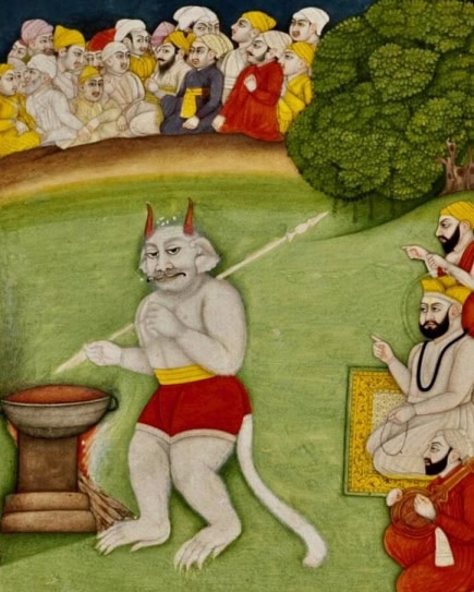 Historical Sikh painting of a demon with a cauldron, Guru Nanak meet kauda the cannibal surrounded by Sikh figures in traditional attire