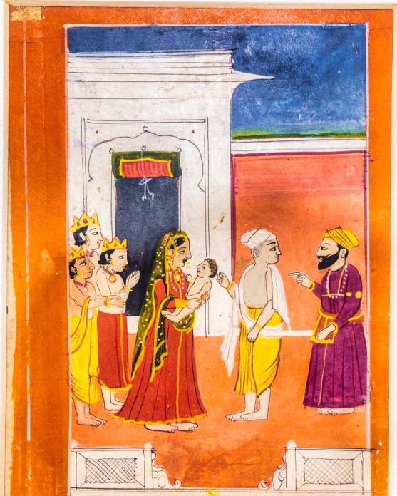 Miniature painting depicting the birth of Guru Nanak, Indian art style