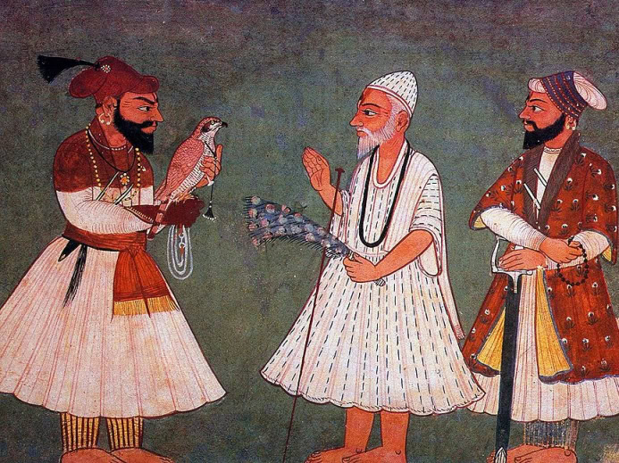Historical Sikh painting of a Guru Gobind Singh meeting Guru Nanak Dev Ji with other nobles, one holding a Falcon