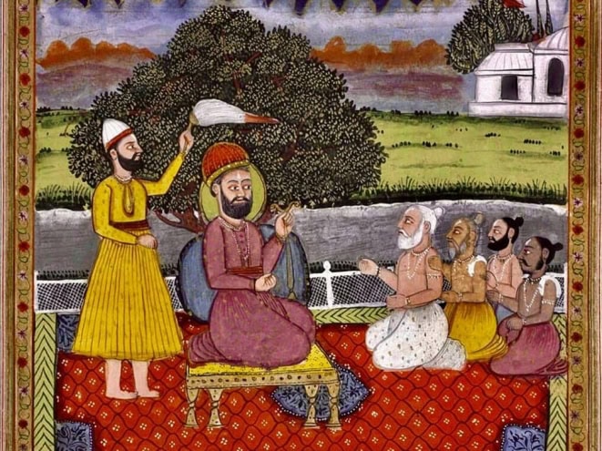 Traditional Sikh painting of a Guru Nanak with Hindu-Holymen under a tree with a Chauri