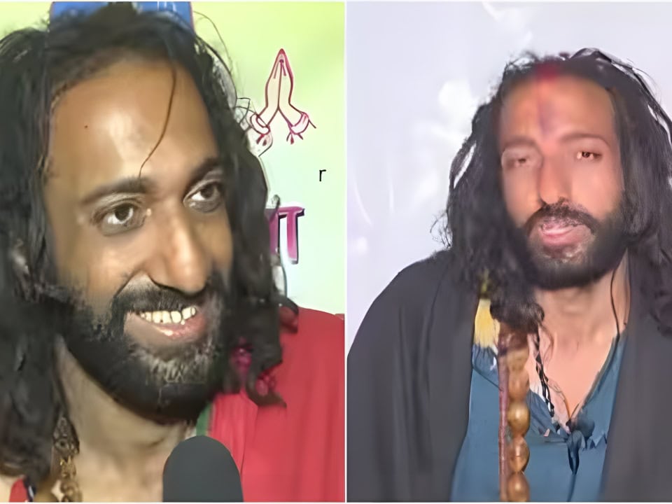 Close-up image of IIT Baba, Abhey Singh, smiling at the camera, showcasing his spiritual attire and long hair.