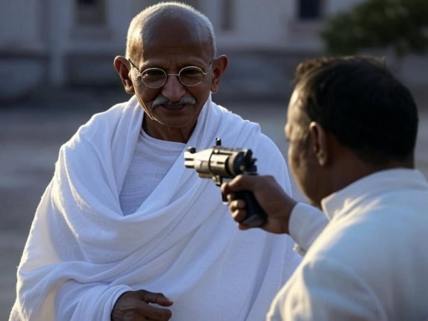 A person dressed as Mahatma Gandhi in a white shawl facing another individual holding a revolver in a historical reenactment scene.